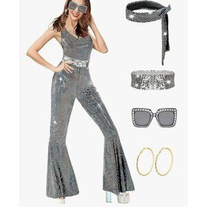 70s Disco Dancer Costume Shimmer Jumpsuit Halloween Go Go Diva Romper Cosplay M